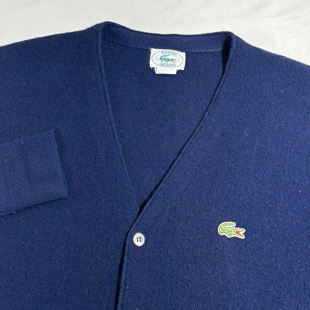 Izod Lacoste Cardigan Men L Navy Blue Vintage 70s 80s Made I USA Grandpa Sweater